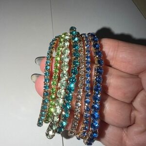 Bijoux Stretch Bracelets Set 7 Rhinestone Blue Green Gold Tone